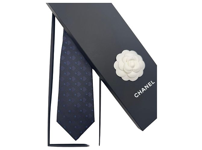 Chanel Cravatta a quadri da uomo CC Logo Blu Navy