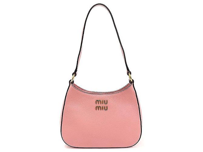 Miu Miu Bolsa hobo de couro madras rosa com letras douradas