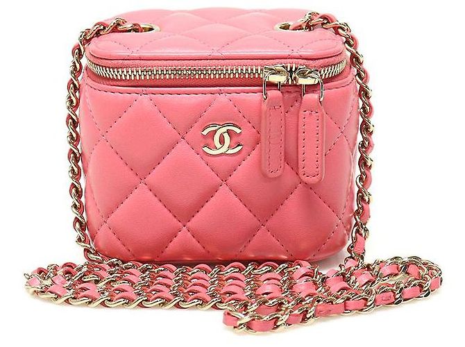 Vanity Chanel Mini bolsa cruzada de couro de cordeiro rosa com corrente dourada e caixa clássica para cosméticos