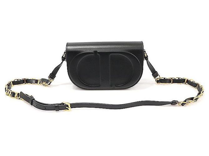 Dior Bolsa de ombro em couro de bezerro preto com corrente Versace e alça de assinatura dourada CD