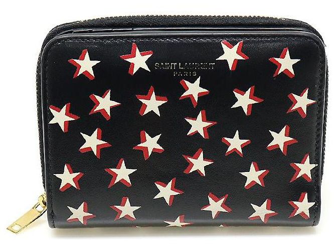 Saint Laurent Schwarze Leder-Compact-Geldbörse mit Sternen-Druck