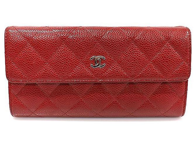Chanel Red Caviar Silver CC Logo Classic Timeless Flap Long Wallet (No.