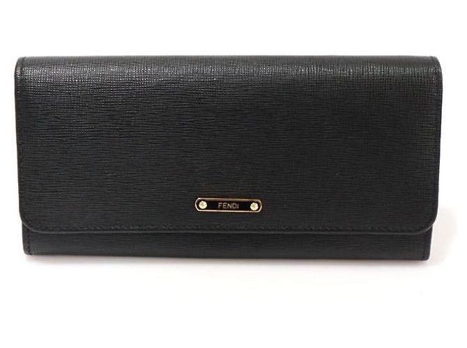 Fendi Black Leather Gold-Tone Button Continental Flap Long Wallet