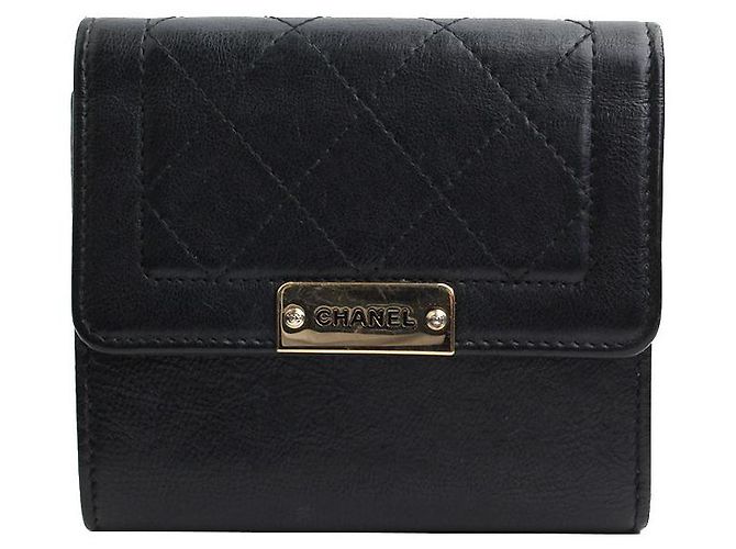 Chanel Gabrielle Lammleder schwarze goldene kompakte Geldbörse