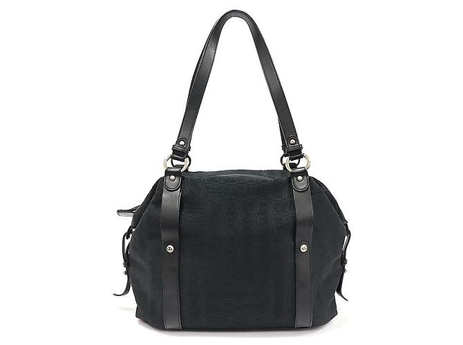 Salvatore Ferragamo Black Logo Pattern Jacquard Silver-tone Shoulder Bag