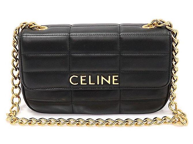 Céline Bolsa de ombro matelassé monocromática em pele de cabra preta com corrente dourada Preto