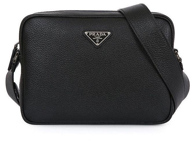 Prada Bolsa de ombro quadrada de couro preto estampada: