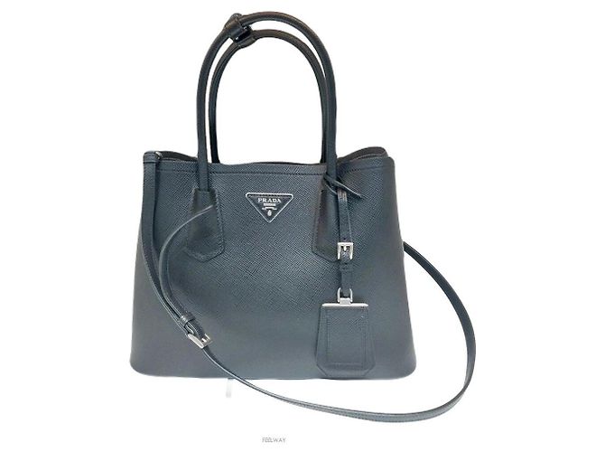 Bolsa de ombro Tote com logo triangular Saffiano duplo Prada Preto