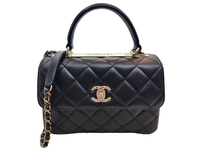 Trendy CC Chanel Borsa tote e a spalla integrata in pelle di agnello CC alla moda Nero