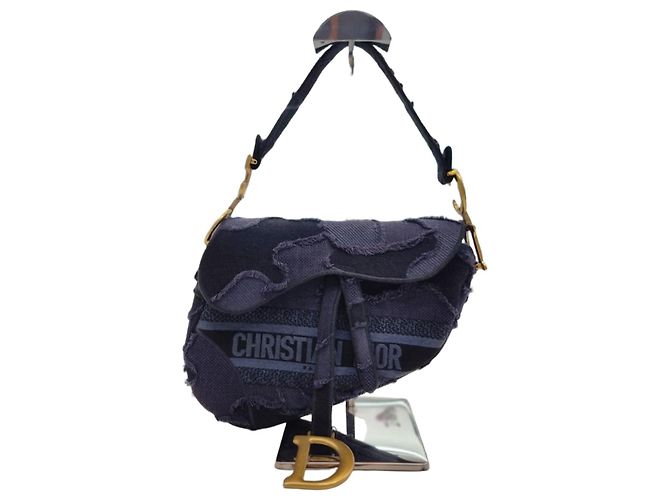 Saddle Dior Bolso de hombro bordado en camuflaje de cuadros con correa adicional Azul