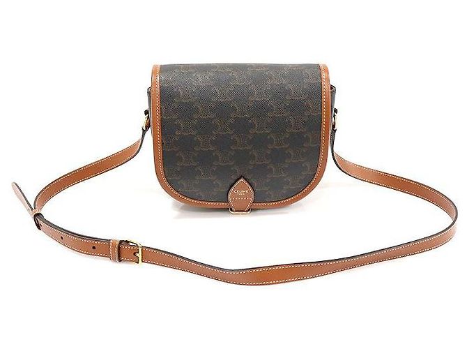 Céline Bolsa transversal Polco média em lona e couro de bezerro tan Triomphe Marrom