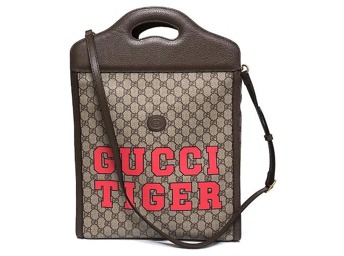 Gucci Tiger Print Two-Web Stripe Tote Bag Brown