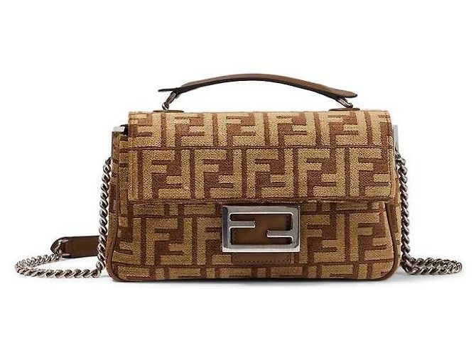 Fendi Baguette Chain Midi Fabric Bag Brown