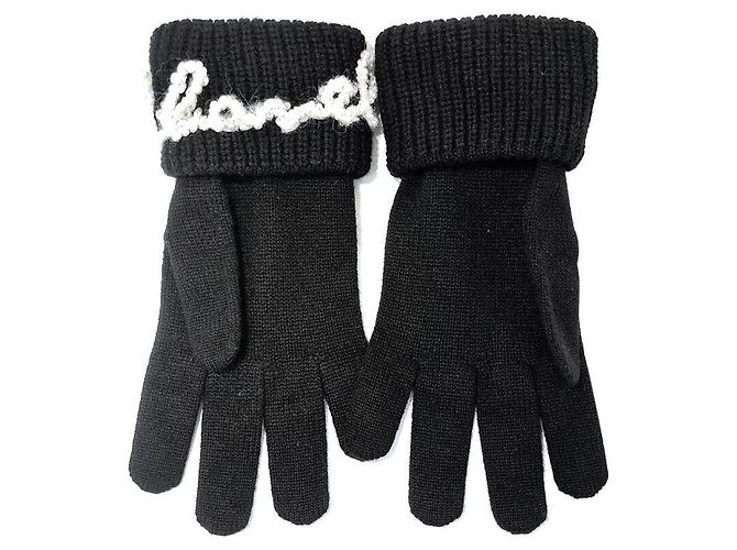 Chanel Luvas de cashmere adornadas com pérolas Preto