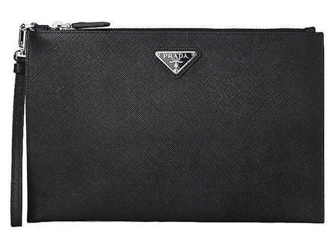 Prada Borsa Clutch Triangolo Logo Saffiano Nera Nero