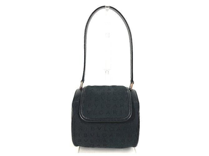 Bulgari Bolsa de ombro com aba em couro preto e lona Bvlgari