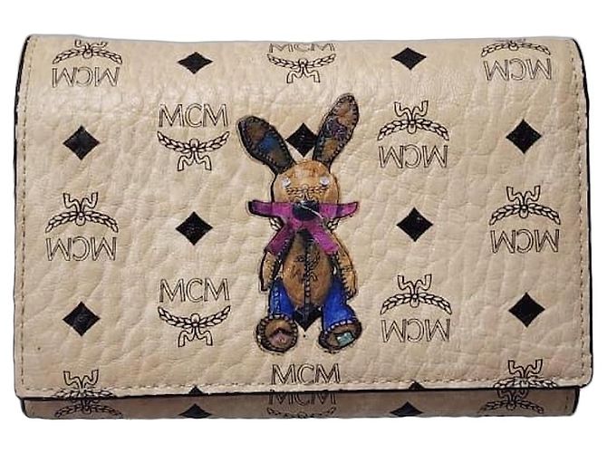 MCM Visetos Rabbit Compact Tri-fold Leather Wallet Beige