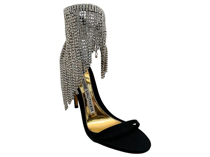 Alexandre Vauthier Black Satin Crystal Drape Embellished Sandals