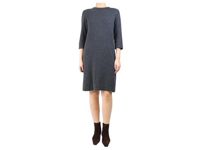 Brunello Cucinelli Dunkelgraues Strickkleid mit Pailletten - Größe M