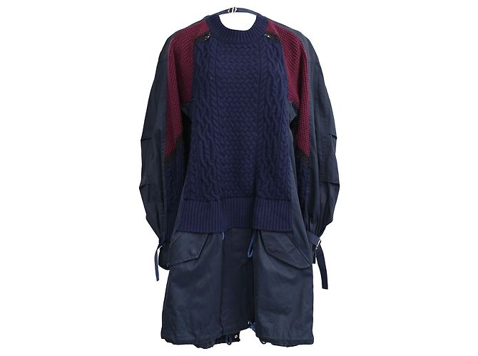 Abito Mini Effetto Sovrapposto in Lana Blu Navy Sacai