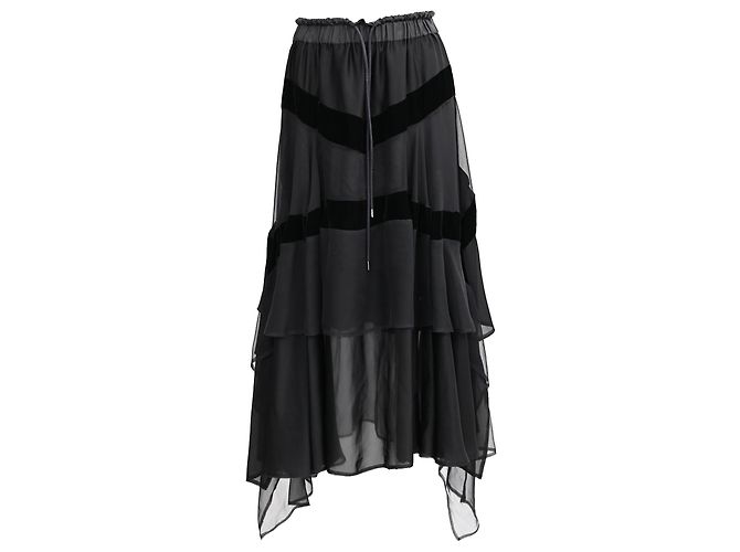 Sacai Drawstring Ruffled Midi Skirt in Black Polyester