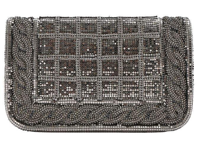 Balmain Clutch Bag aus silberner Seide mit Kristallverzierungen