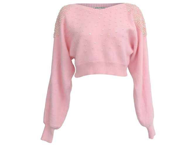 Kurzer Pullover aus rosa Angorawolle mit Perlen von Alessandra Rich Pink
