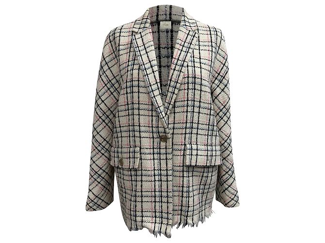 Blazer de Tweed a Cuadros en Algodón Blanco Maje