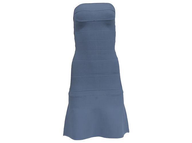 Abito Mini Senza Spalline Herve Leger in Rayon Blu Chiaro