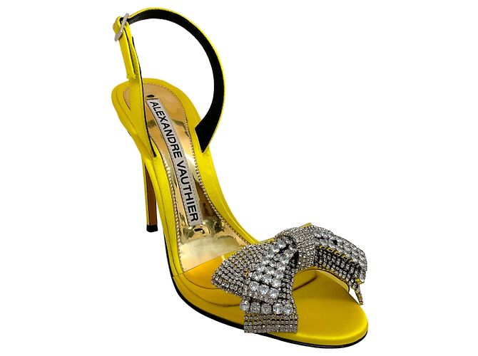 Alexandre Vauthier Yellow Satin Slingback Sandals with Crystal Embellished Bow
