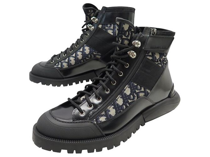 NUOVE STIVALI MID TOP COMBAT CHRISTIAN DIOR 42 CANVAS OBLÍQUO E PELLE Nero