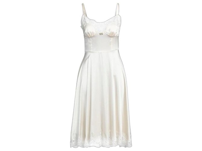 Dolce & Gabbana Vestido Midi de Seda e Renda Chantilly Marfim 