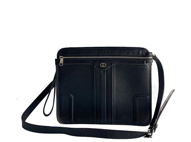 Gucci Bolsa mensageiro de couro entrelaçado preta Preto