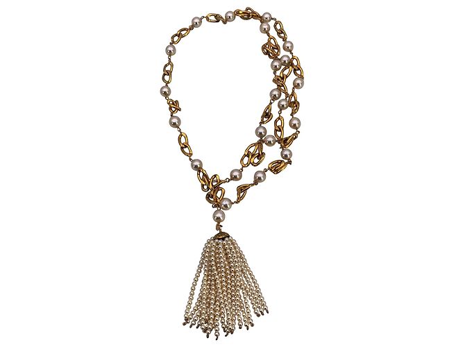 Timeless Chanel Vintage Gold- und Kunstperlen-Fransen-Halskette oder Gürtel Weiß