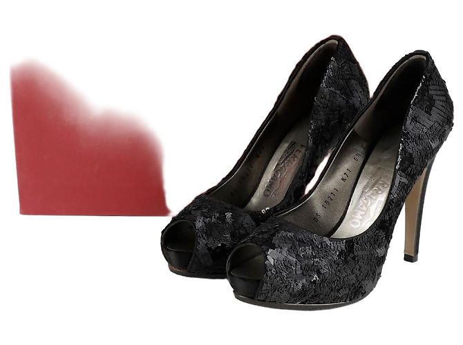 Salvatore Ferragamo Size Sequin Open Toe Pumps Black