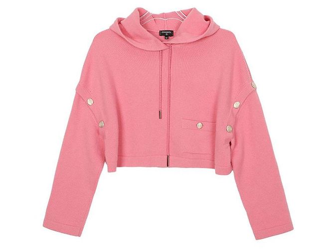 Chanel Größe CC Knopf Cropped Kapuzenpullover Pink 