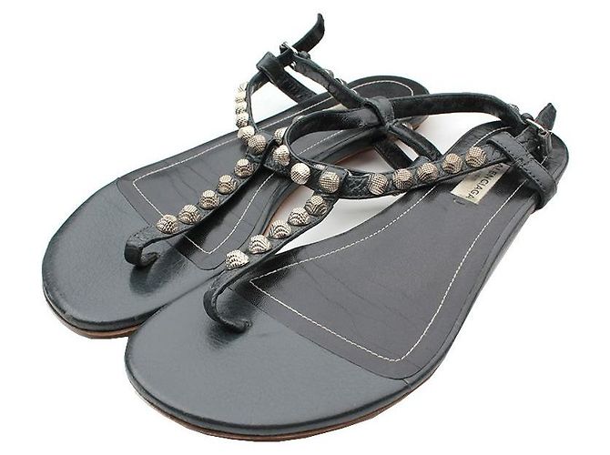Balenciaga Charcoal-Graue Leder Rockstud T-Strap Sandalen Schwarz