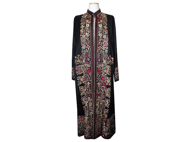 Kenzo Shoreline Embroidered Silk Long Coat Black