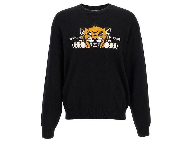 Kenzo Bestickter Wollpullover Happy Tiger Schwarz 