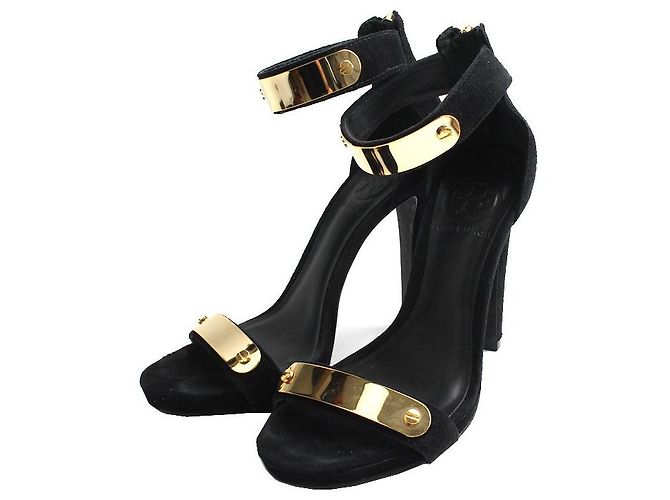 Tory Burch Schwarze Metall T-Strap Schuhe