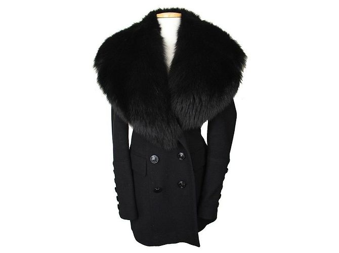 Burberry Black Wool Cashmere Double Button Fox Fur Collar Coat