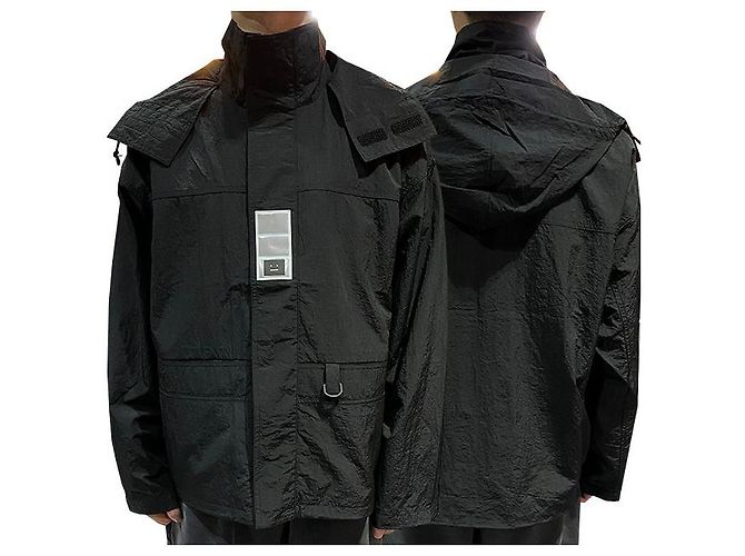 Giacca a vento con cappuccio packable con logo Acne Nero