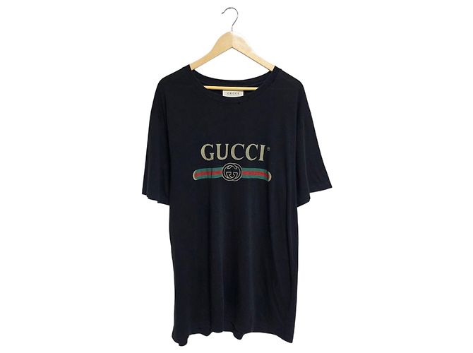 Gucci Vintage Kurzarm-T-Shirt mit Stripe Flower-Logo Schwarz