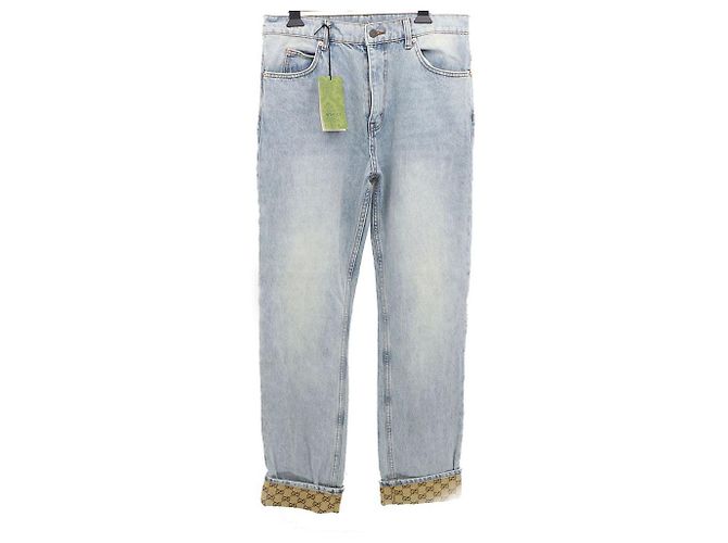 Gucci Men's Leather Label Denim Pants Blue