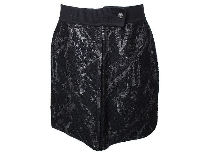 Chanel Saia de lã tricotada preta estampada Preto