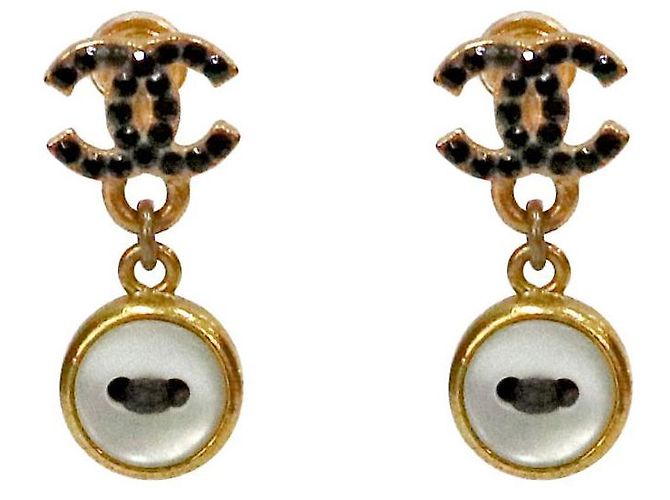 Chanel Schwarze CC-Button-Goldohrringe Golden