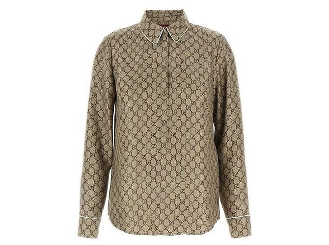Gucci Camisa de seda impressa em twill Marrom