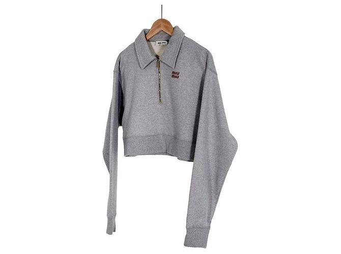 Miu Miu Luxury Biar Half Zip Oversized Collar Sweatshirt Grey Brown