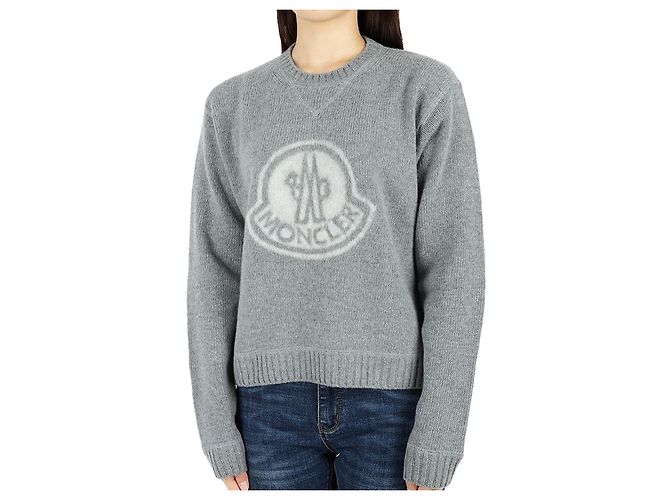 Moncler Damen Großes Patch-Logo Strickwolle Grau Braun