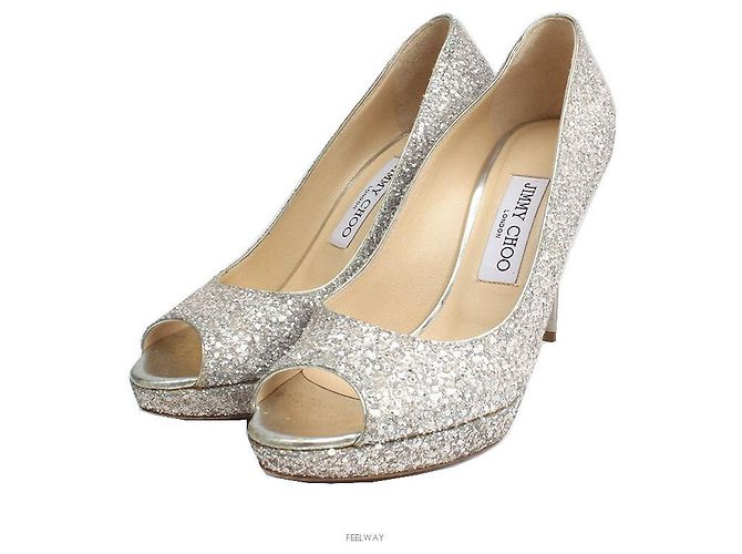 Jimmy Choo Silver Glitter Open Toe Pumps Silvery